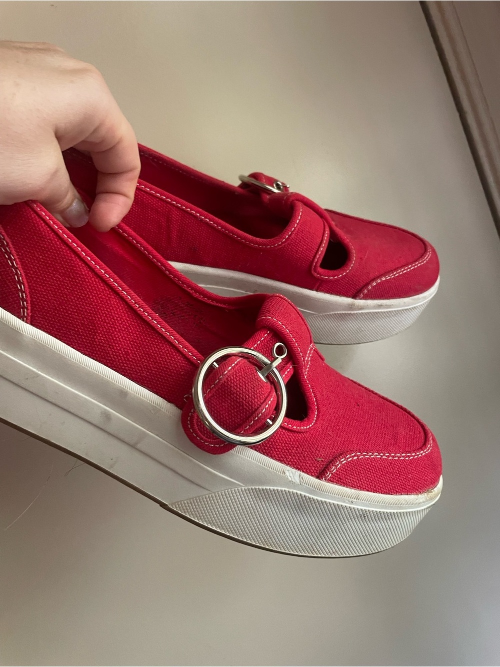 dELiA*s Red Canvas Mary Jane Platform Shoes with Silver Ring Buckle